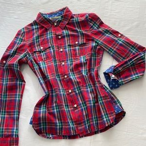 Tommy Hilfiger plaid Cotton button down blouse. Red/Blue/Green plaid. Size Small